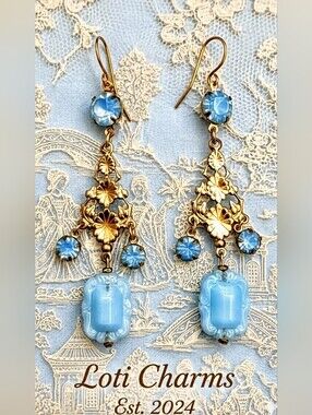 Victorian Blue Opaline And Air Blue Opal Crystals In Long Chandelier Earrings